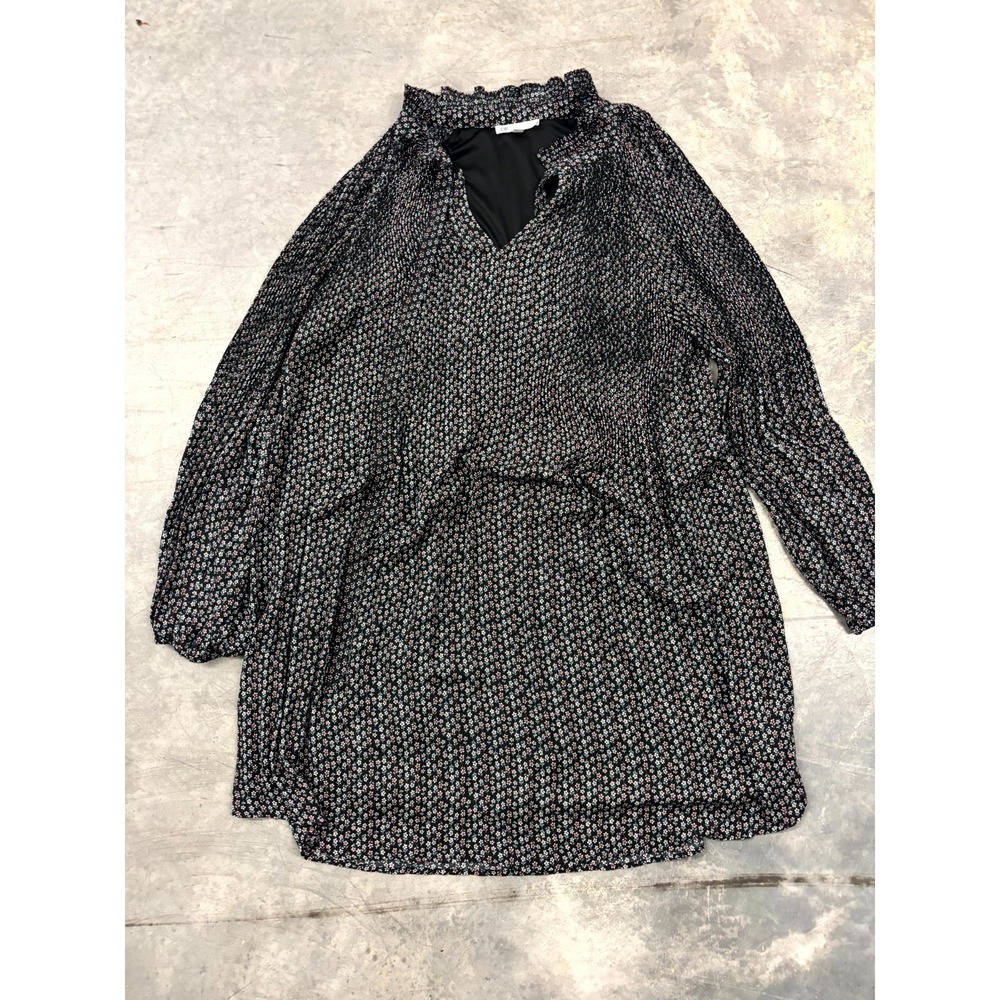 DR2 Womens Large Black Floral Peasant Dress Long Sleeve Boho Mini Tunic